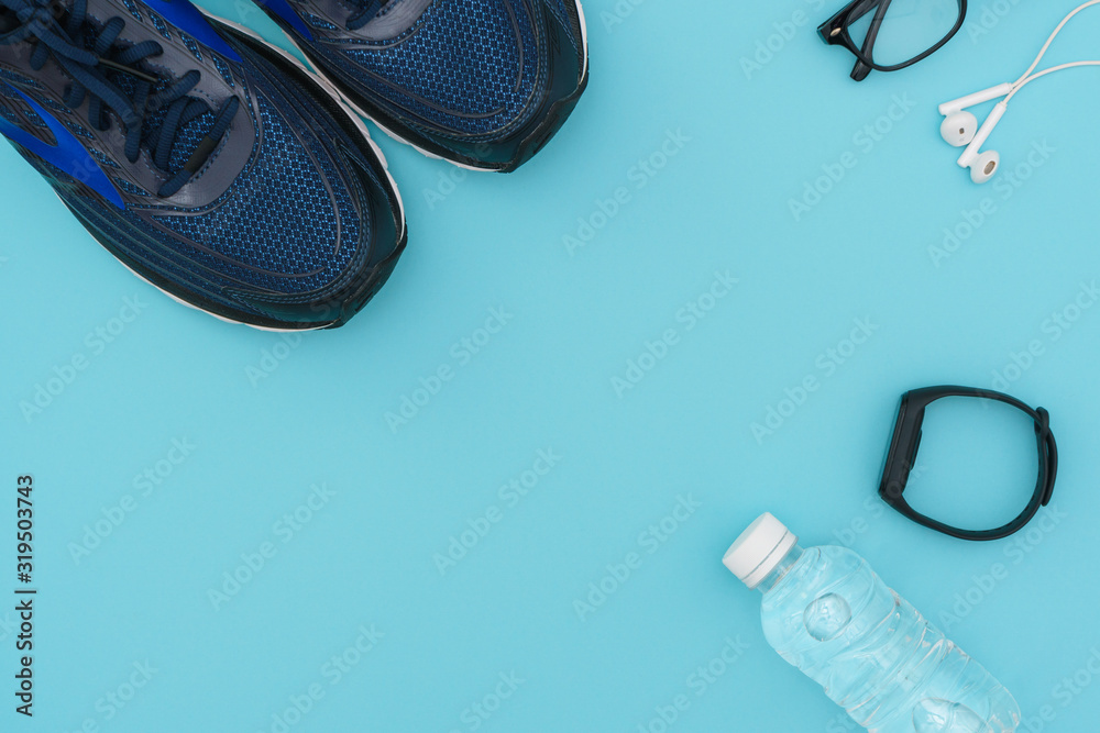 fitness stuffs against aqua background. health care conceptual images. flat lay. copy space - obrazy, fototapety, plakaty 