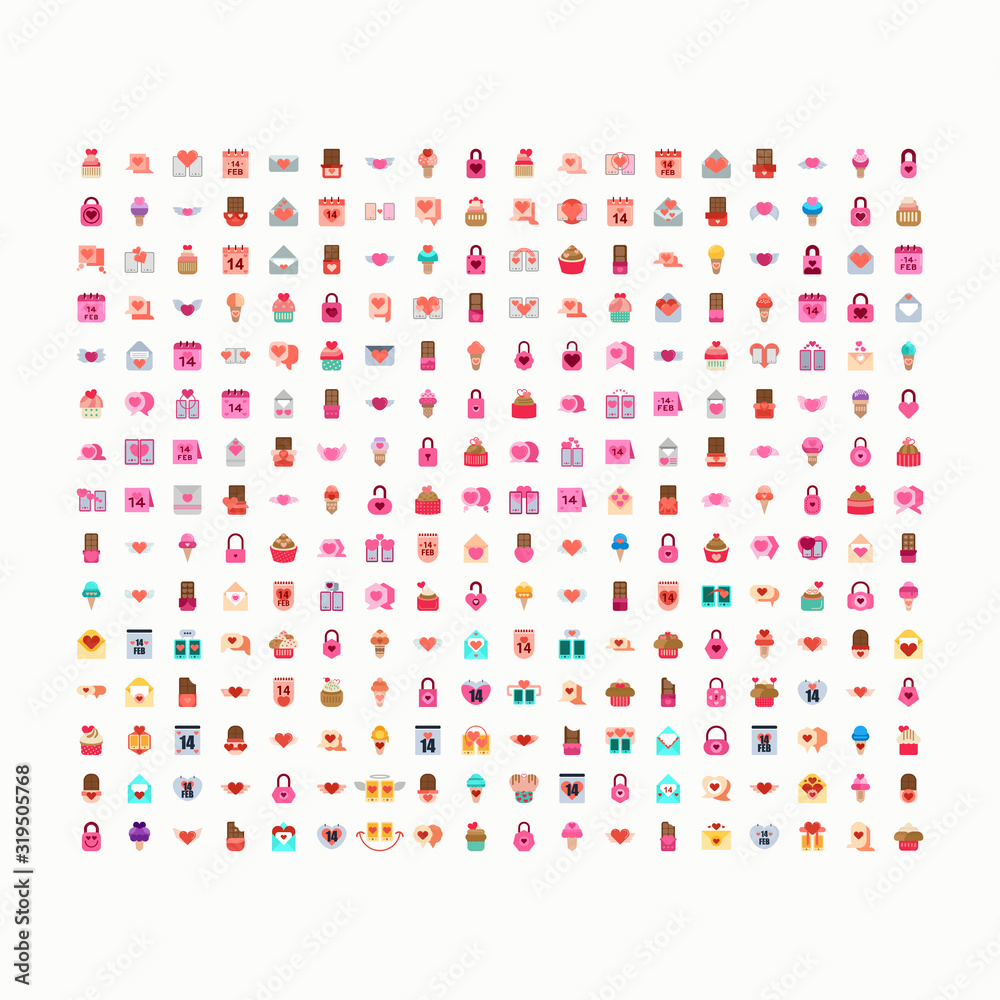 Big set of icons for Valentines day, wedding, love and romantic events. Flat style. vector illustration.