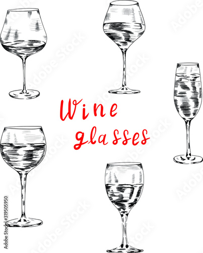 Wine, champagne  glasses, lettering isolated on white background. Concept for print, menu, cards, logo , icon 