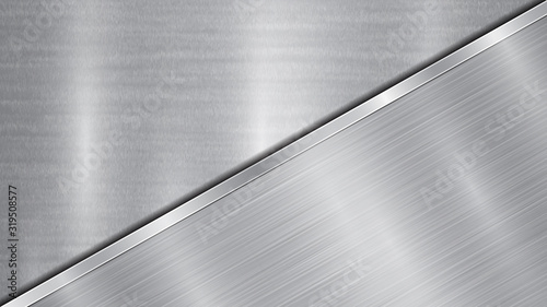 Background in silver and gray colors, consisting of a shiny metallic surface and one big polished plate located in diagonal, with a metal texture, glares and burnished edge