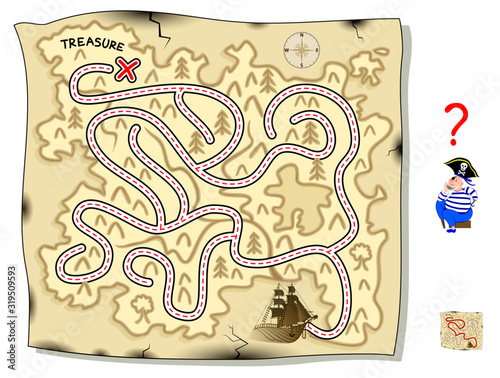 Logic puzzle game with labyrinth for children and adults. Help pirate find way on the treasure island map till the buried gold. Printable worksheet for kids brain teaser book. IQ test. Vector image.