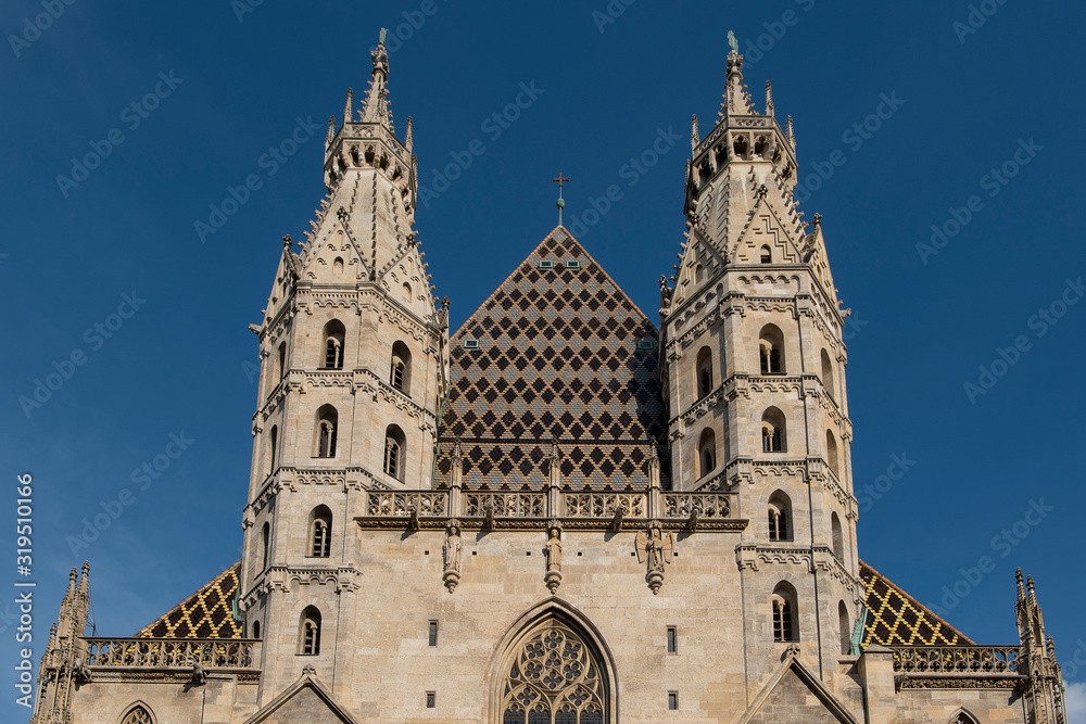 Vienna, Austria - June 4, 2019; Roof and towers of the Stephansdom, the largest church in the center of Vienna