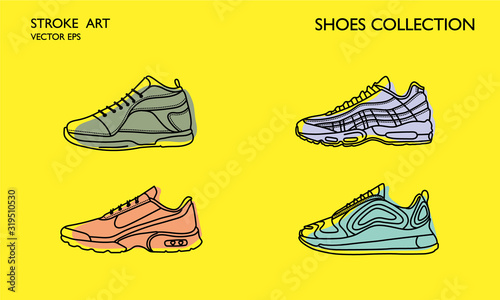 Sneakers sport icon. Line art, outline shoes. Stroke drawn sneakers. Flat line outline stroke. Running shoes set. 