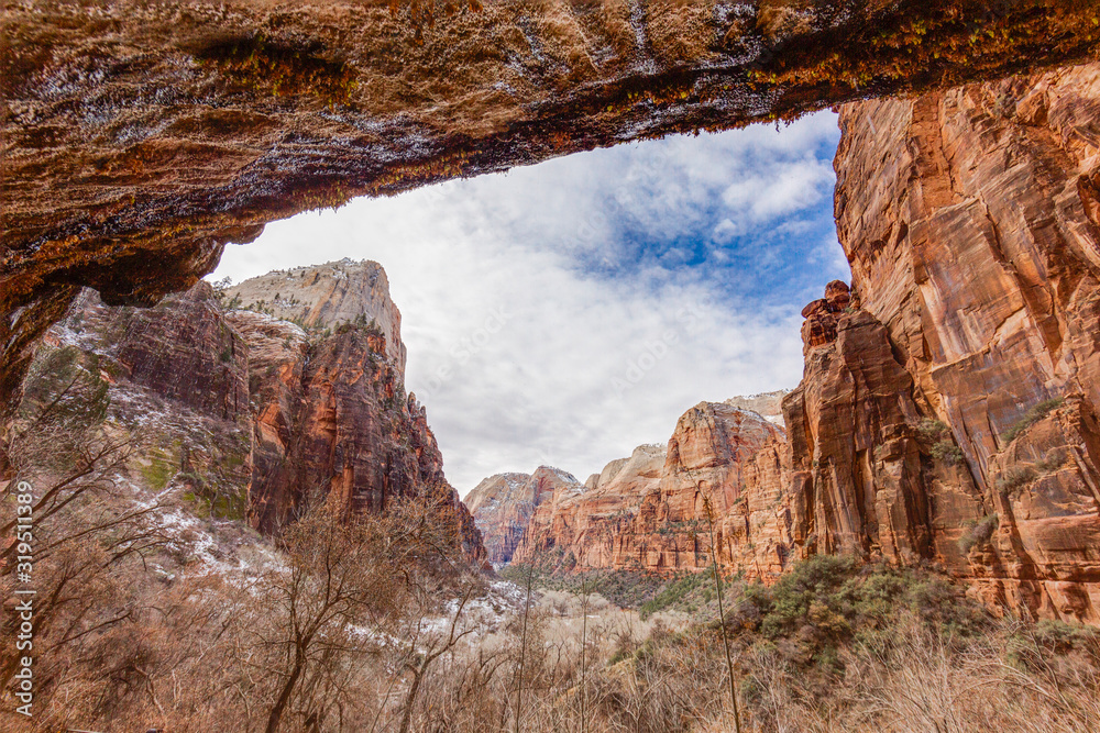 View over rough cliffs of Zion National Park in Utah in winter