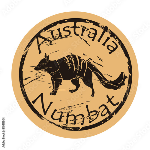 Numbat silhouette icon vector round shabby emblem design old retro style. Noombat in full growth logo mail stamp on craft paper. Walpurti vintage grunge sign. Emblem of Western Australia. photo