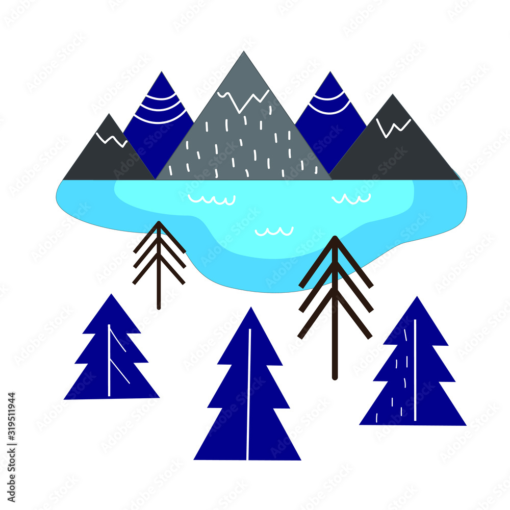 Mountain lake, spruce forest. Norwegian style. Isolated stock vector on white background, dark navy blue, grey and brown colors. Printed matter, invitation, greeting cards, wall art