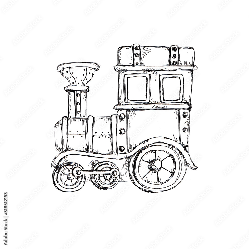Sketch hand drawn artistic line art retro steampunk vehicle vintage clipart icon coloring page isolated on white background Sketch hand drawn artistic line art retro steampunk vehicle vintage clipart icon coloring page isolated on white background