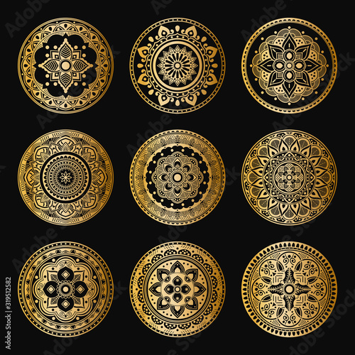Gold mandalas on black background. Abstract luxury decor. Islam, Arabic, Pakistan, Moroccan, Turkish, Indian, Spain motifs. Can be used for textile, invitations, banners.