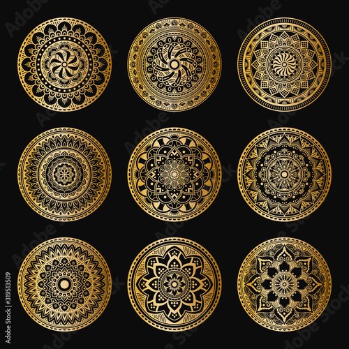 Gold mandalas on black background. Abstract luxury decor. Islam, Arabic, Pakistan, Moroccan, Turkish, Indian, Spain motifs. Can be used for textile, invitations, banners.