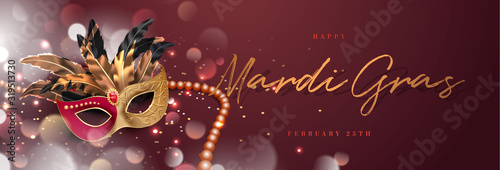 Red and gold mardi gras carnival party banner with masquerade mask, glowing glitter feather and beads 3d vector background illustration