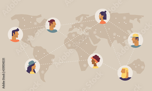 Map of world with photos of people. International relations between people. People communicate and connect with the network.