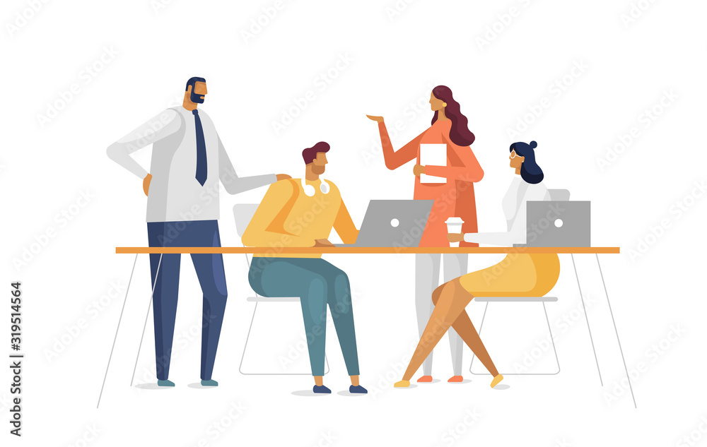 Vector illustration with business concept in flat design style. Workspace with creative people sitting at the table and working together with laptops. White background isolated 