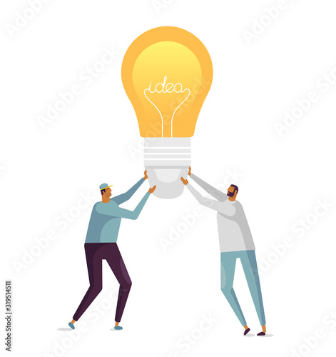 Funny vector illustration with business concept in flat design style. White background isolated. Two young business men hold a lamp in their hands. Problem slowing and good idea 