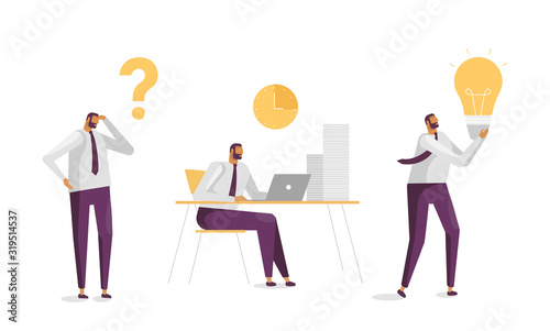 Vector illustration with business concept in flat design. A young man thinks, hard work, finds an idea, solves a problem. Office worker in confusion, works at the table, holds the lamp in his hand.