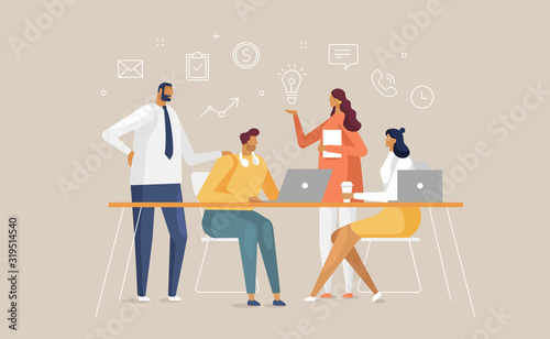 Business man and woman character with line icon. Young people brainstorming around the table. Teamwork in coworking space. Vector illustration in flat design style
