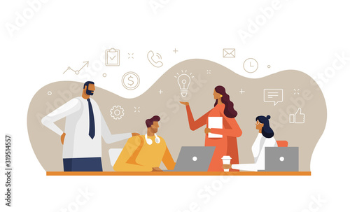 Vector illustration in flat design style with business concept. Young workers with line business icons. Brainstorming around the table. White background isolated 