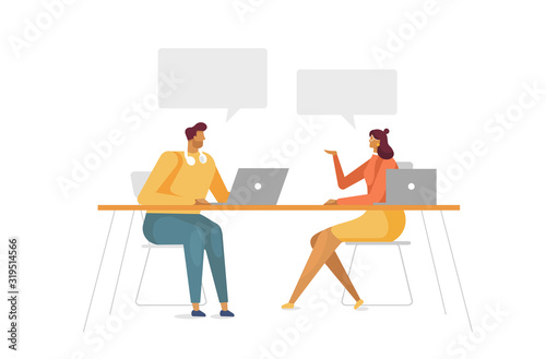 Young business man and woman work at the desk with laptops. People speak with speech bubbles. Place for your text. Design template for your business or education concept project. Flat design style