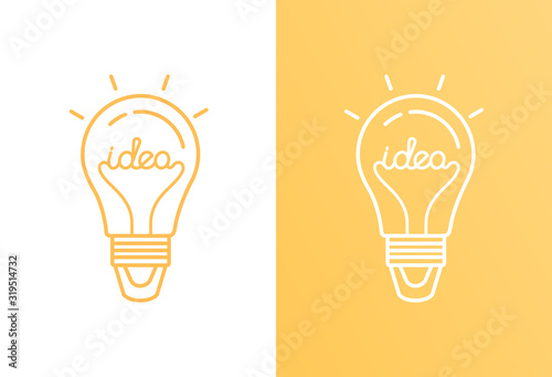 Vector outline icon in flat design style, white isolated. Light bulb with rays shine. Bulb with the word of idea. Energy and idea symbol. Design template for your banner, poster, card, clothes, prints