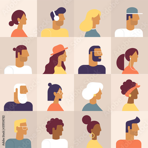 Super set of avatars in flat design style. Cool characters icons. Positive men and women people different age and nationalities. Stylish male and female faces and shoulders avatars