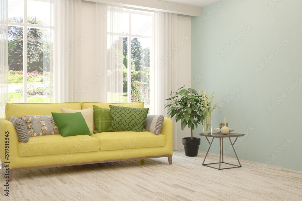 Fototapeta premium Stylish room in white color with sofa and summer landscape in window. Scandinavian interior design. 3D illustration