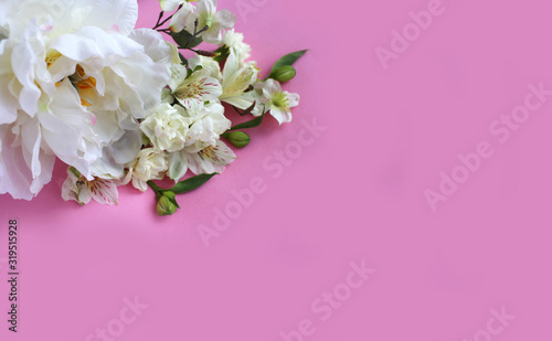 Delicate floral arrangement of white peonies and astrally on a pink background. Background for postcards, invitations, and greetings. photo