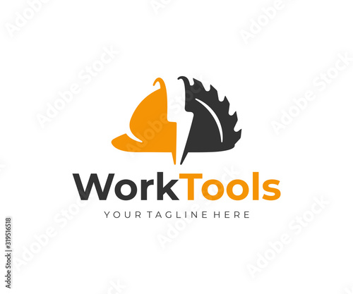 Construction equipment logo design. Power tools and construction helmet vector design. Building tools logotype