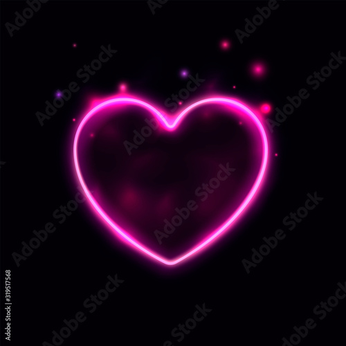 Bright neon heart on purple background. Design element for Happy Valentine s Day. Vector illustration.