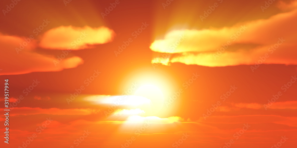 Big sun sky at beautiful sunset, 3d illustration