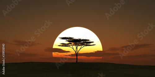 big sun sunset tree landscape, 3d illustrations