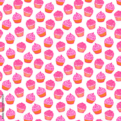 Cupcake seamless pattern with white background. Colorful cupcakes vector illustration. Yummy desserts.