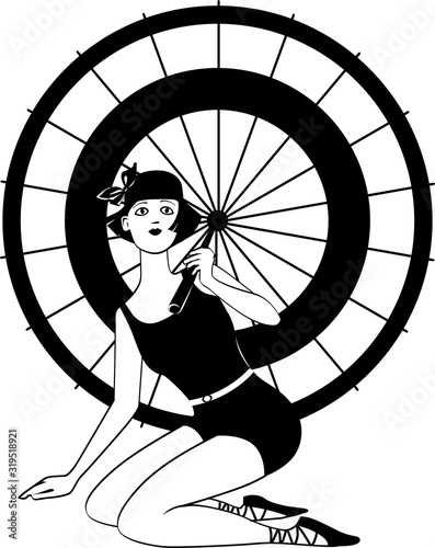 Flapper in a 1920s swimsuit sitting under a beach umbrella, EPS 8 vector silhouette illustration