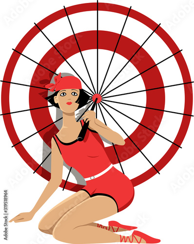 Flapper in a 1920s swimsuit sitting under a beach umbrella, EPS 8 vector illustration