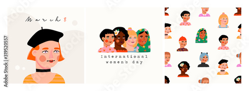 Happy international Women's Day. Eight of March. Various races and nationalities. Colored hand drawn vector illustrations. Set of cards and seamless pattern