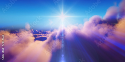 Beautiful aerial view above clouds with sunset. 3d illustration