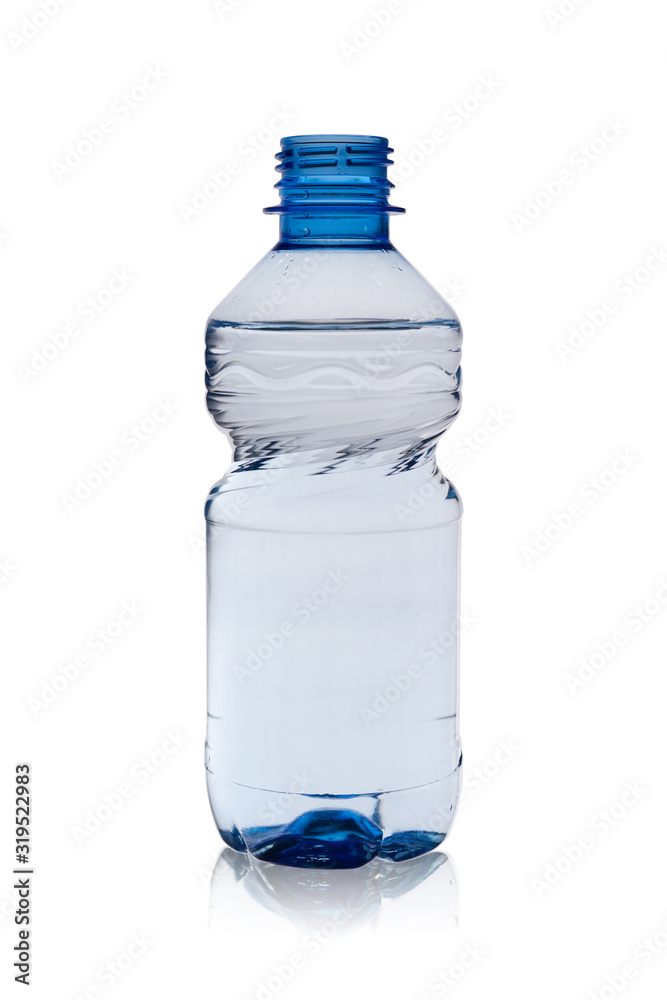 Open plastic water bottle isolated on white background with reflection