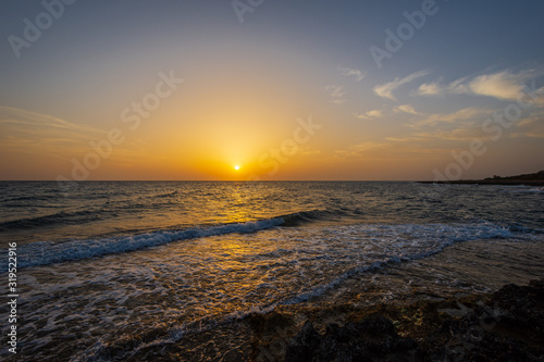 Adriatic sea. Ostuni, Puglia. Sunrise. Renowned seaside resort located in the heart of Salento. This stretch of coast is punctuated by a series of rocky beaches