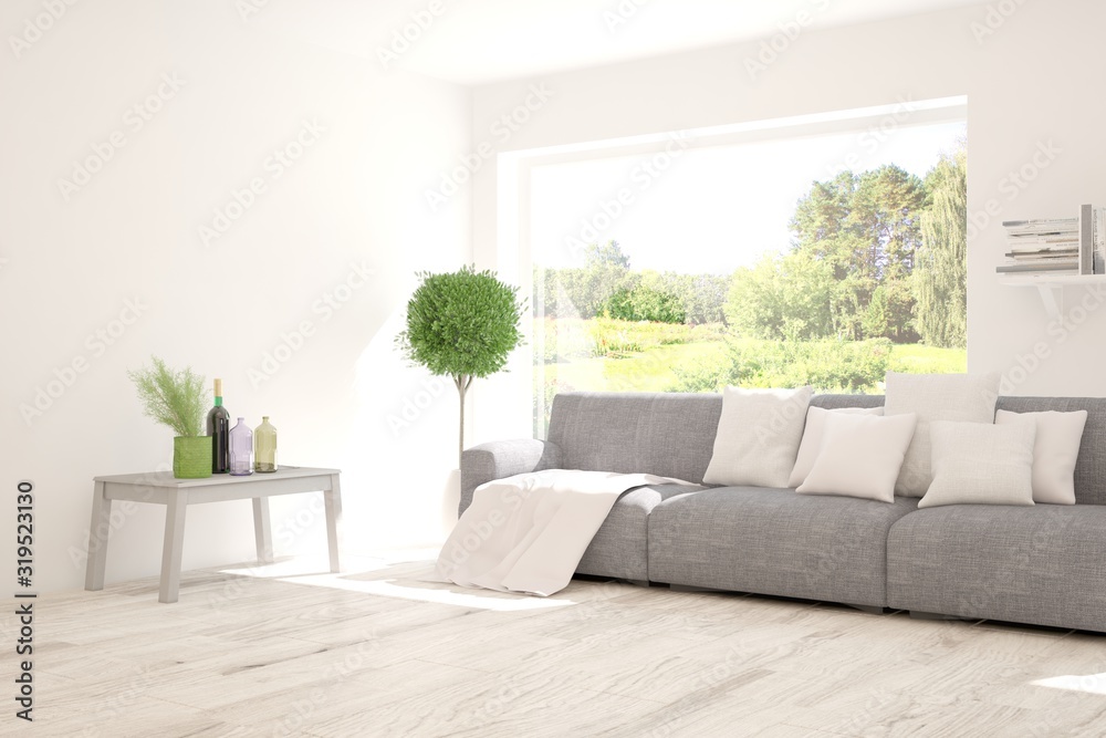 Fototapeta premium Stylish room in white color with sofa and summer landscape in window. Scandinavian interior design. 3D illustration