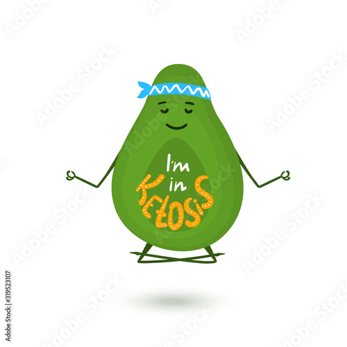 Avocado cartoon character is meditating in lotus position. Hand drawn lettering I'm in Ketosis. Healthy lifestyle concept