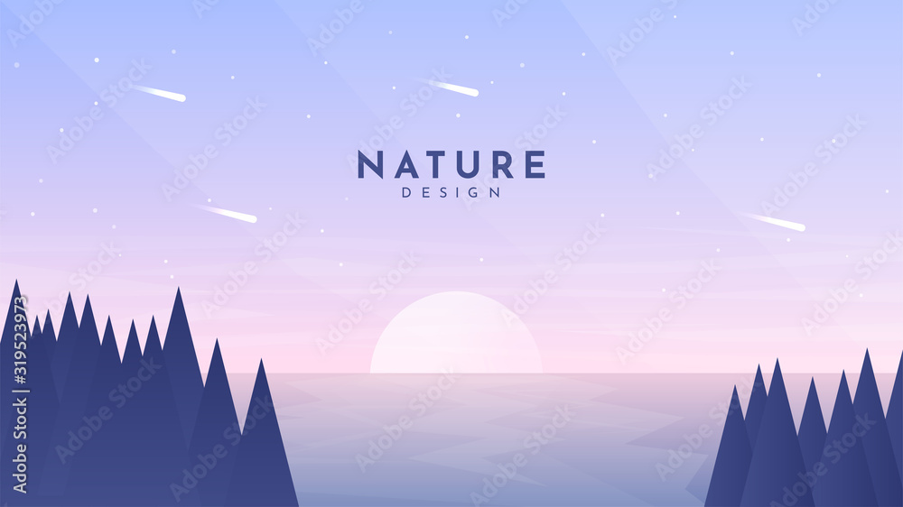Vector minimalist landscape. Cartoon design. Flat background. Website or game template. Sunset scene. Trees near water. Clean sky. Sun with reflection in water. Travel, tourism concept. Sea wallpaper