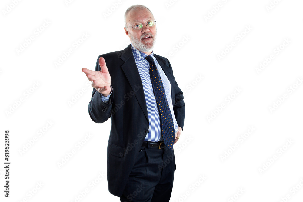 Senior elderly man as Lawyer Director Teacher or Salesman on white background Senior elderly man as Lawyer Director Teacher or Salesman on white background