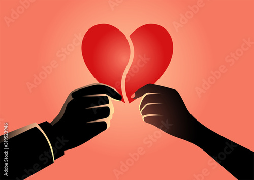 Man and woman hand holding each part of heart symbol