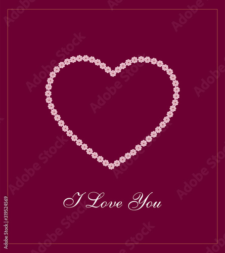 I love you  banner, poster, greeting card for Valentine's Day with pink sakura flowers in the shape of a heart on isolated background