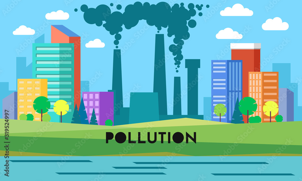 Vector background with environmental pollution. Factory plant smokes with smog, trash emission from pipes to river water. Grey clouds and polluted grass. Ecology, nature concept with dirty pond.