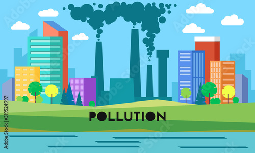 Fototapeta Naklejka Na Ścianę i Meble -  Vector background with environmental pollution. Factory plant smokes with smog, trash emission from pipes to river water. Grey clouds and polluted grass. Ecology, nature concept with dirty pond.