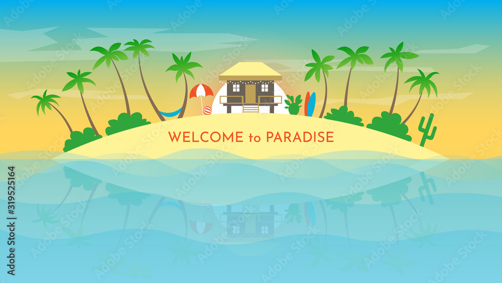 Vector banner with summer resort. Sunset, sunrise on paradise island. Sandy beach. Simple design. Vacation concept. Background illustration