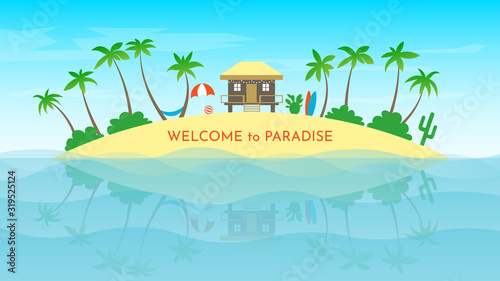 Vector banner with summer resort. Sunset, sunrise on paradise island. Sandy beach. Simple design. Vacation concept. Background illustration