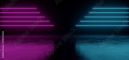Fototapeta Naklejka Na Ścianę i Meble -  Neon Lines Glowing Sci Fi Futuristic Vibrant Cyber Blue Purple Pantone Laser Beams Shaped Dark Garage Underground Stage Club 3D Rendering