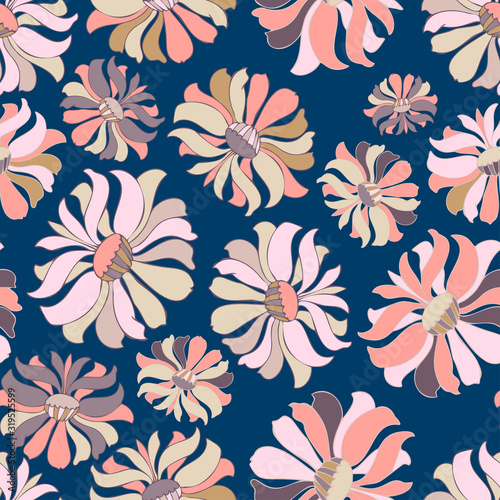             Modern seamless vector botanical colourful pattern with garden flowers vintage kitsch. Can be used for printing on paper  stickers  badges  bijouterie  cards  textiles. 