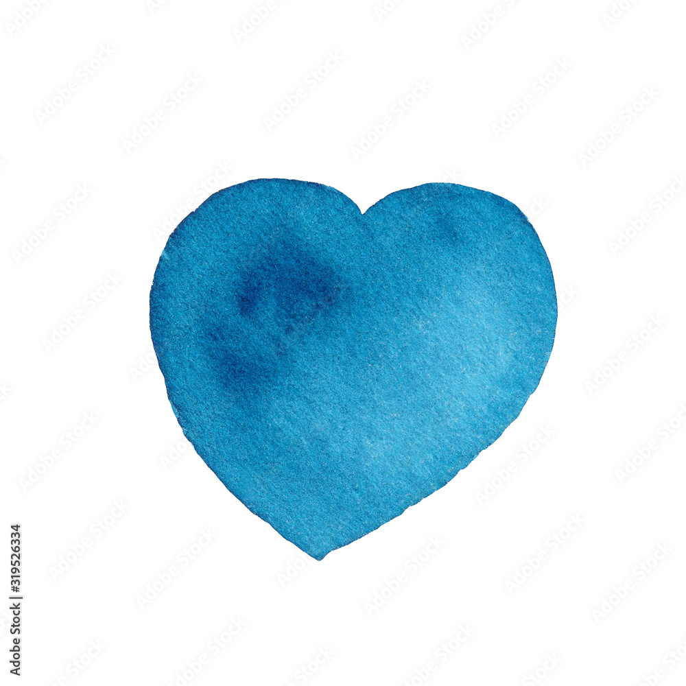 Heart shape hand drawn illustration. Turquoise colored texured watercolor heart on the white background isolated. Decorative element for design, cards, posters, templates