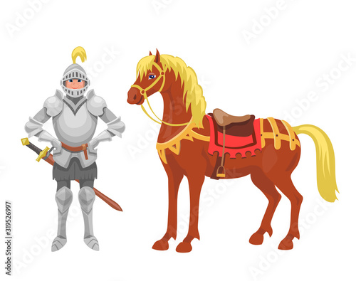 Knight with armor and horse vector illustration Fairy tales characters. Fantasy medieval knight hero and steed cartoon icons